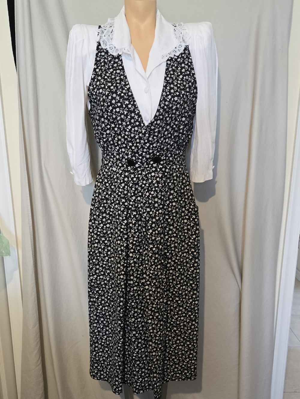 Vintage Petite Sophisticate Black and White Floral Midi Romper Dress